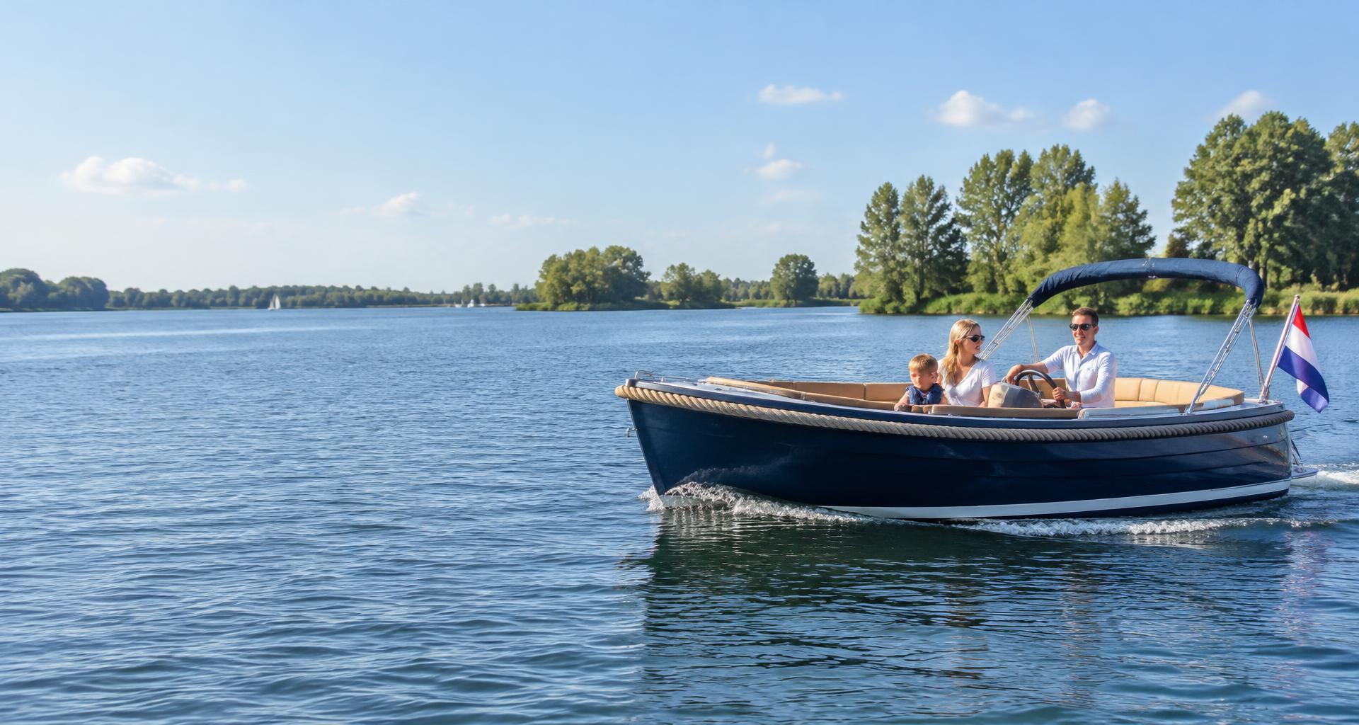 Een sloep op het water bij een groene oever